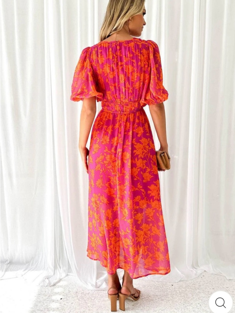 FLORAL MIDI DRESS FOR SUMMER GATHERINGS size: S color: pink-orange floral print - Picture 3 of 17